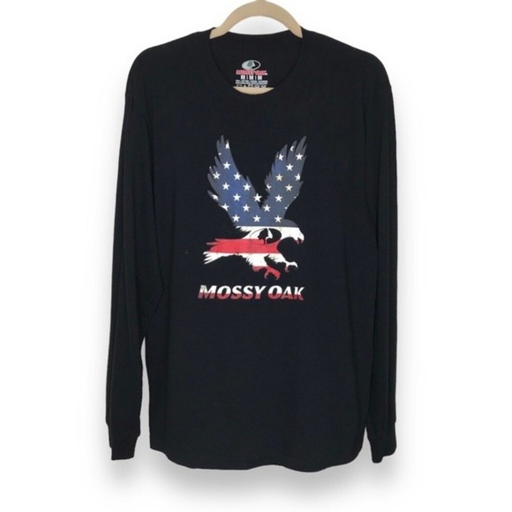 Mossy Oak Red White Blue Eagle Flag Black Long Sleeve Crew Neck T Shirt Mens Med